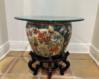 #11 - $70 - Oriental planter on stand with glass top 20Dx20T