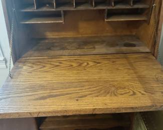 #65 - $300 - Antique Oak desk drop front 30Wx12Dx58T