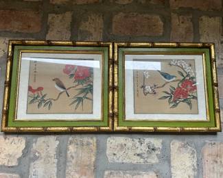 #95 - $70 - Set of 2 bamboo framed bird pictures blue bird, brown bird