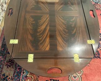 #33 - $220 - Council Craftsman 'crotch' mahogany drop leaf butler's tray table. Purchased in High Point, NC in 36x25x19 w/out the leaves & 5 1/2 extra for leave - glass included