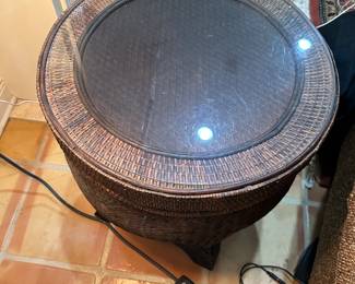 #8 - $90 - Rattan side drum table 21Dx24T with glass