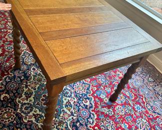 #50 - $450 - English barley legs oak pub table with built in leaves - closed 36x36x30H + 2 leaves 14"eaches