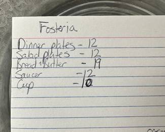 #83 - $220 - Fostoria "Navarre" 12 dinner/12 salad/19 B&B plates/ 12 saucers &10 cups