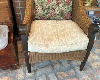 #70 - $290 - Wicker and wood chairs and ottoman with custom down seat cushions 29Wx31x34