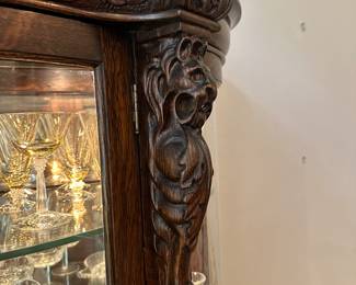 #33C - $500 - Antique Oak curio cabinet griffon parents bought in 1956 Gadsden GA antique shop 46x16x99 lighted cabinet