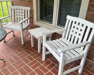 #75 - $225 - Wood white bench 50x25x36 & 2 armchairs & side table