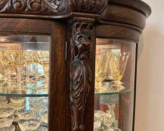 #33C - $500 - Antique Oak curio cabinet griffon parents bought in 1956 Gadsden GA antique shop 46x16x99 lighted cabinet