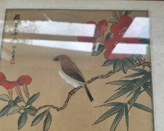 #95 - $70 - Set of 2 bamboo framed bird pictures blue bird, brown bird