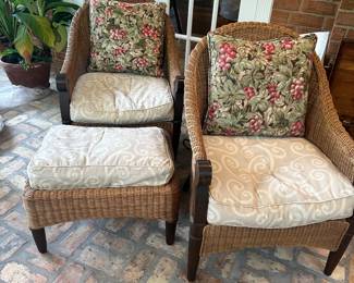 #70 - $290 - Wicker and wood chairs and ottoman with custom down seat cushions 29Wx31x34