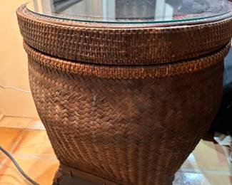 #8 - $90 - Rattan side drum table 21Dx24T with glass
