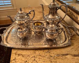 #20 - $395 - Roger & Bros Heritage pattern tea/coffee set silver plate - 6 pieces purchased in 1956