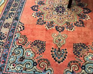 #30 - $900 - Persian Oriental rug Hand Woven Coral / Turquoise Antique Style 9'3 X 6.8