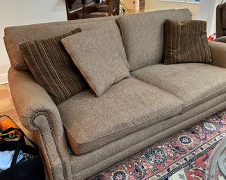 #6 - $600 - Century 3 cornerstone down wrapped sofa brown chevron upholstery 89x39Dx39T