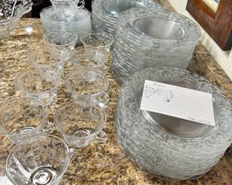#83 - $220 - Fostoria "Navarre" 12 dinner/12 salad/19 B&B plates/ 12 saucers &10 cups