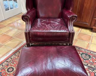 #4 - $350 - Leather Chair Lackawanna Wing Back Burgundy Chair Nail Head with ottoman