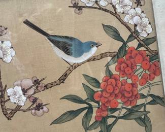 #95 - $70 - Set of 2 bamboo framed bird pictures blue bird, brown bird