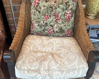 #70 - $290 - Wicker and wood chairs and ottoman with custom down seat cushions 29Wx31x34