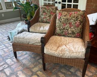 #70 - $290 - Wicker and wood chairs and ottoman with custom down seat cushions 29Wx31x34