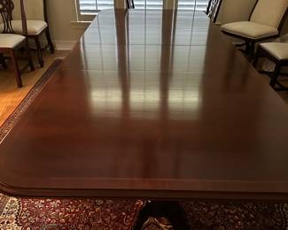#13 - $1,450 -Lexington Double pedestal dining table 8'7"L (5'6"without the 2 leaves) x44Wx31H and Six chairs Chippendale style 38Hx19W