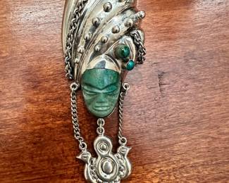 #100 - $180 - Vintage Aztec Tribal Jade sterling silver dangling brooch pin signed J.P Mexico. (most likely J. Perez 1960's-1970's, his mark represent high quality craftsmanship)