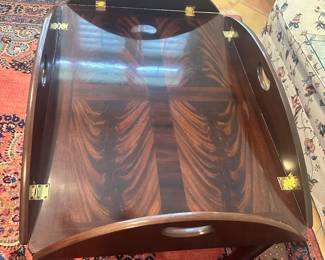 #33 - $220 - Council Craftsman 'crotch' mahogany drop leaf butler's tray table. Purchased in High Point, NC in 36x25x19 w/out the leaves & 5 1/2 extra for leave - glass included