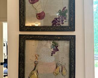 #52 - $90 - Set of 2 Linen fabric wine scene 21x21