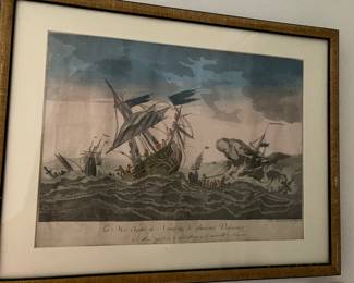 #63 - $90 - Antique French Etching of a Seascape 21 X 15