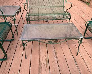 #88- $200 - Iron green Bench, Coffee Table 2 Arm Chairs an d Side /table