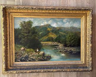 #13 - $480 - Lake Scene - Gilt Wood Frame on Canvas 40 X 30 - Some small damage to frame