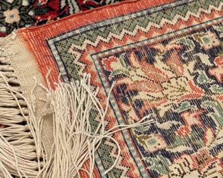 #34 - $150 -Prayer Rug - Silk 24" X 36". Coral and Blues