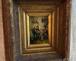 #9 - $340 - English school Oil on Board of 3 Figures Playing Cards - Custom Frame 15 X 17