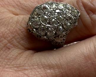#168 - Antique ring old mine cut diamonds, 14kt white gold, pear shaped, approx 2 ctw diam, 4.4 gr, Sz 5 - $1450