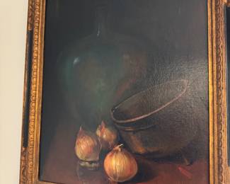 #97 - $150 - painting still life onion & jug signed Wm.E.Prather 24x30