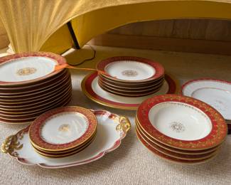 #99 - $150 - White & red rim limoges set 8 dinner plates, 6 soup bowls + 2 slightly different, 4 dessert plates, 2 platters & 1 small plate - 1 dinner plate restored