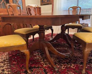#36 - $700- Mahogany Dining Table with 4 15" Leaves - Double Pedestal. 60W X 46D without Leaves with 6 chairs