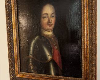 #17 - $380 - European school, 19th Century Oil Painting on Canvas of a Knight. 19 X 23 in modern frame