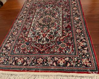 #34 - $150 -Prayer Rug - Silk 24" X 36". Coral and Blues