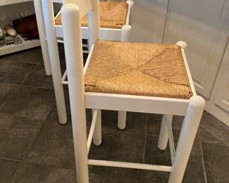 #151 150.00 3 White Wood Stools with Woven Seats
