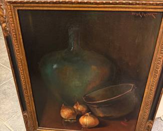 #97 - $150 - painting still life onion & jug signed Wm.E.Prather 24x30