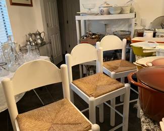 #151 150.00 3 White Wood Stools with Woven Seats