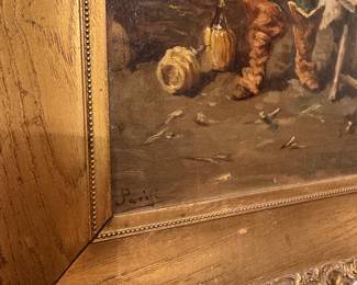 #3 - $300 - European school, 19th Century Oil on Board depiscting man pouring wine from barrell to carafe - Signed Parifi -period frame 15x20