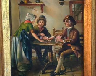 #9 - $340 - English school Oil on Board of 3 Figures Playing Cards - Custom Frame 15 X 17