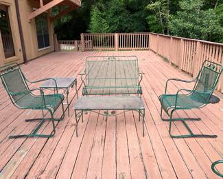 #88- $200 - Iron green Bench, Coffee Table 2 Arm Chairs an d Side /table