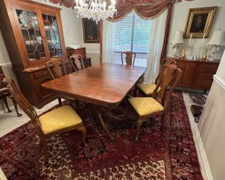 #36 - $700- Mahogany Dining Table with 4 15" Leaves - Double Pedestal. 60W X 46D without Leaves with 6 chairs