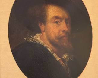 #28- $180 -18th Century Oil on Board of man face with Hat 6 x7- Frame 11 x 13