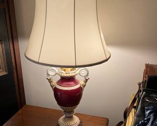 #48 - $120 - Old Porcelain Lamp - burgundy and with w/gold 38"H - fracture on one handle