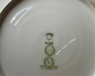 #99 - $150 - White & red rim limoges set 8 dinner plates, 6 soup bowls + 2 slightly different, 4 dessert plates, 2 platters & 1 small plate - 1 dinner plate restored