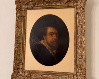 #28- $180 -18th Century Oil on Board of man face with Hat 6 x7- Frame 11 x 13