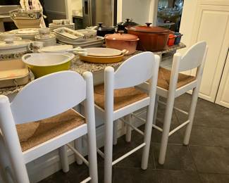 #151 150.00 3 White Wood Stools with Woven Seats