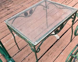 #88- $200 - Iron green Bench, Coffee Table 2 Arm Chairs an d Side /table